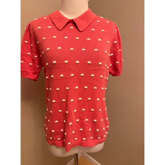 CeCe Pleat Sleeve Collared Pom Pom Sweater Pink/White Sz Medium - Picture 2 of 8